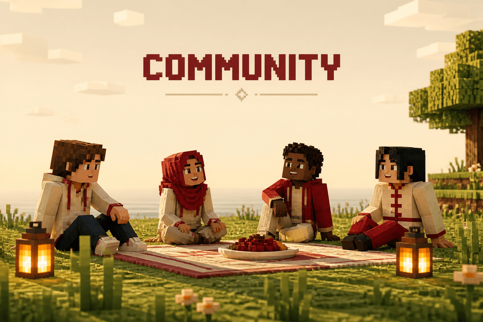 Minecraft-style outdoor picnic with diverse international students connecting together