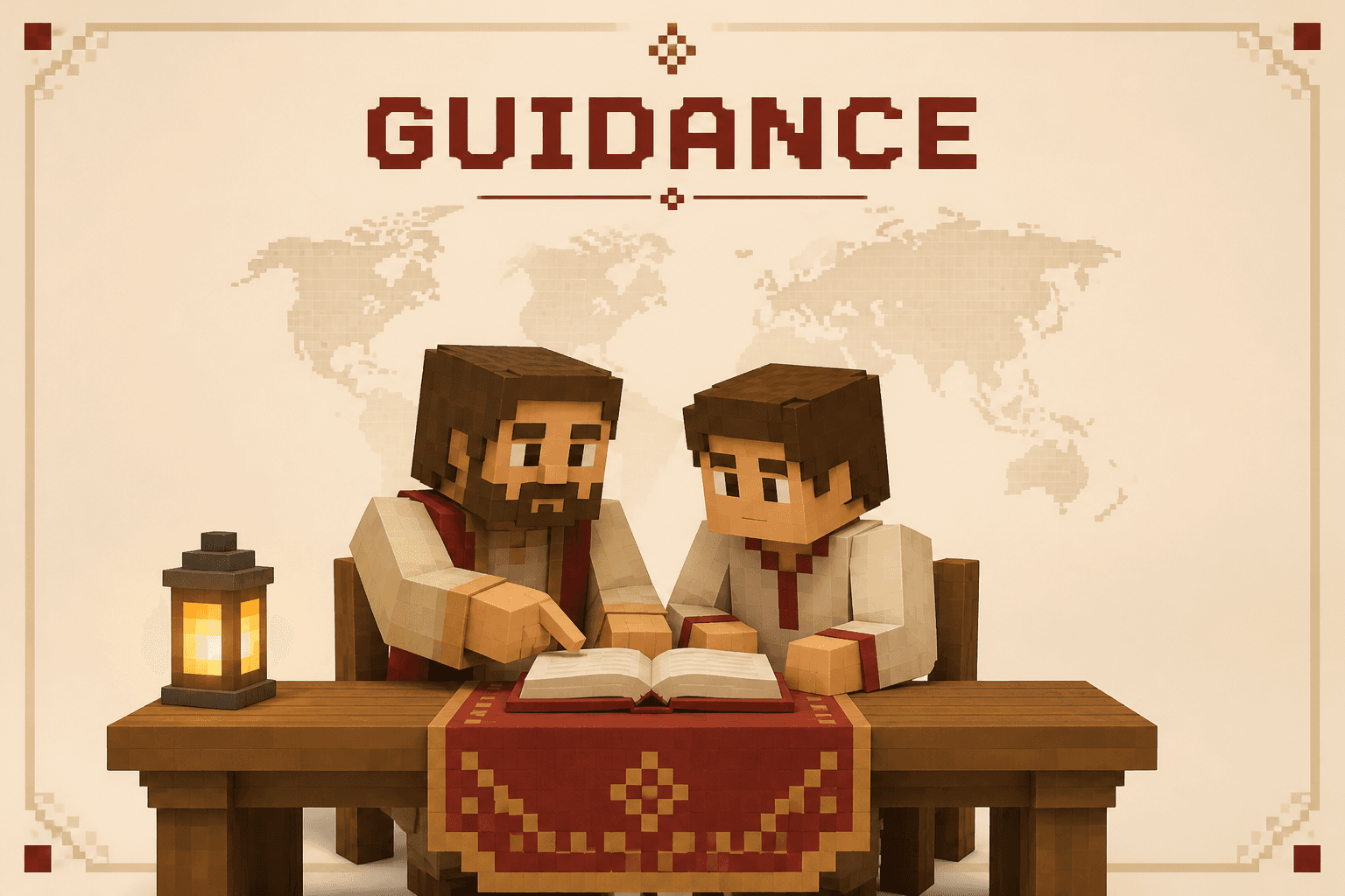 Minecraft-style mentorship scene of a student and mentor at a clean desk with a world map