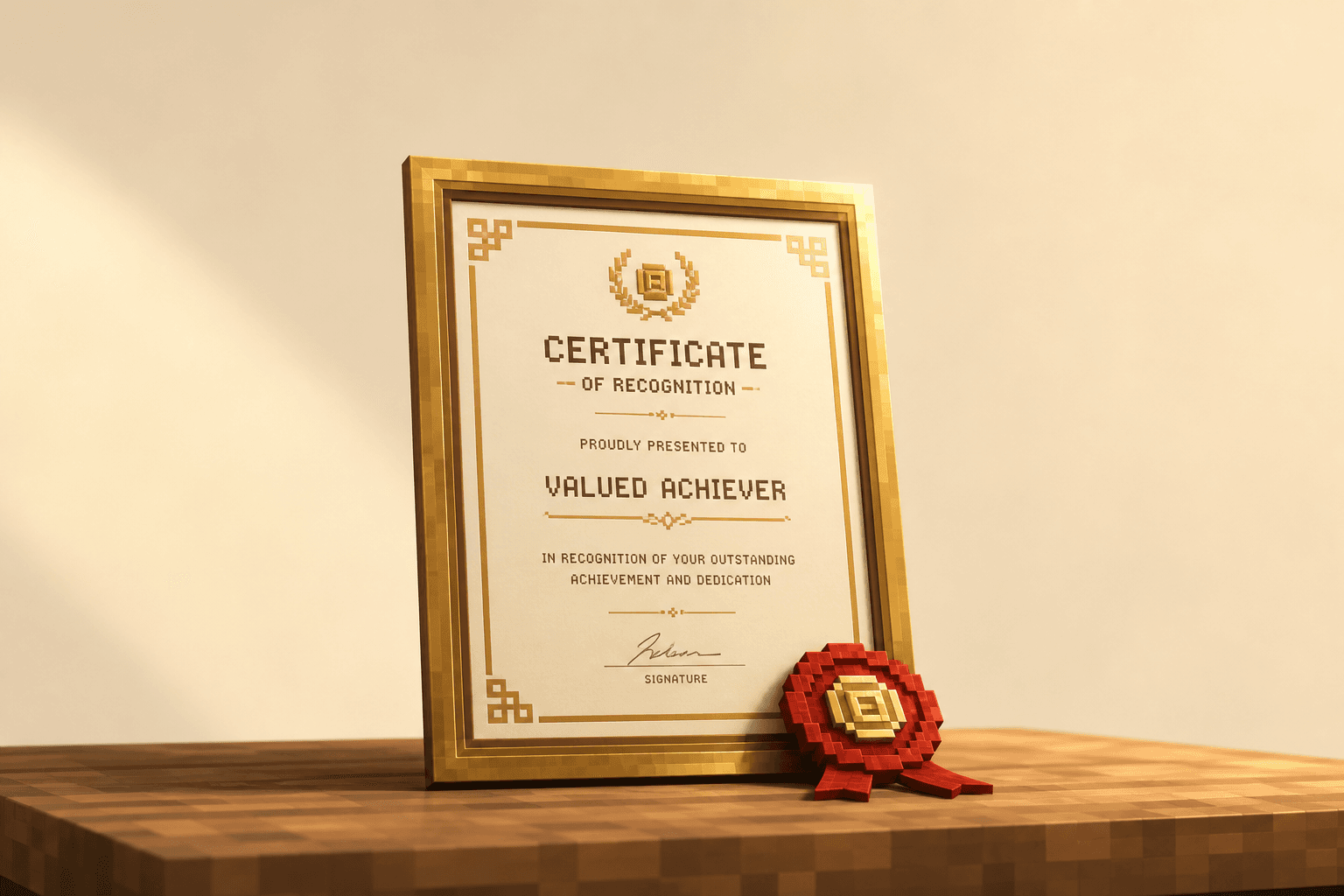 Minecraft-style framed certificate with a red ribbon medal under a Recognition title