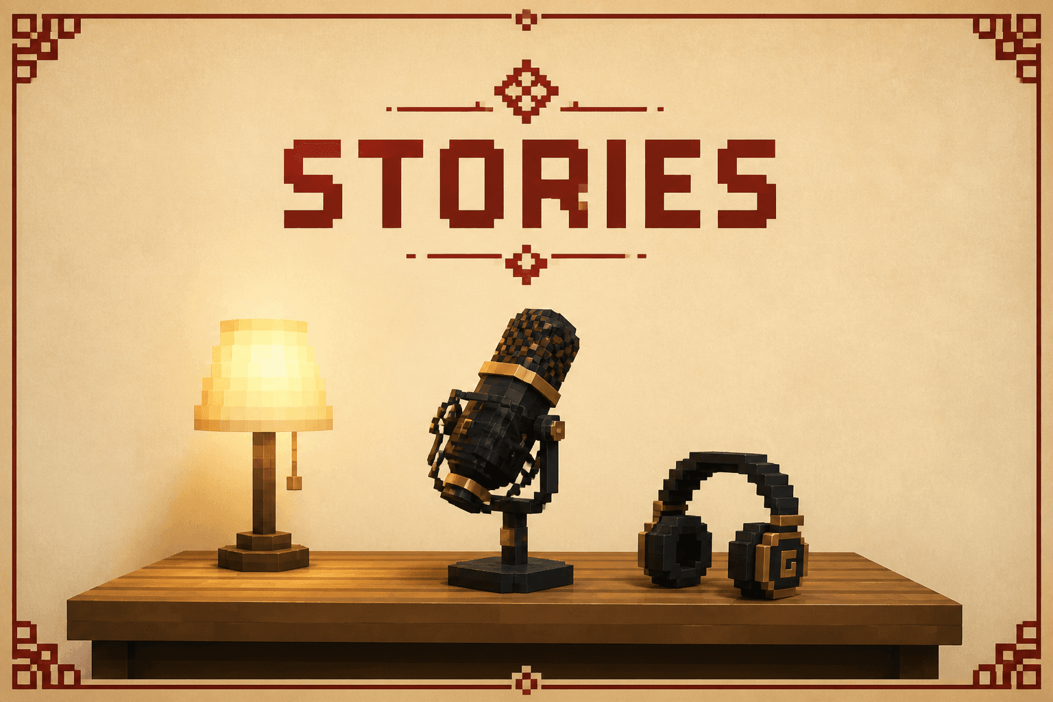 Minecraft-style clean podcast desk with a mic, headphones, and warm lamp under a Stories title