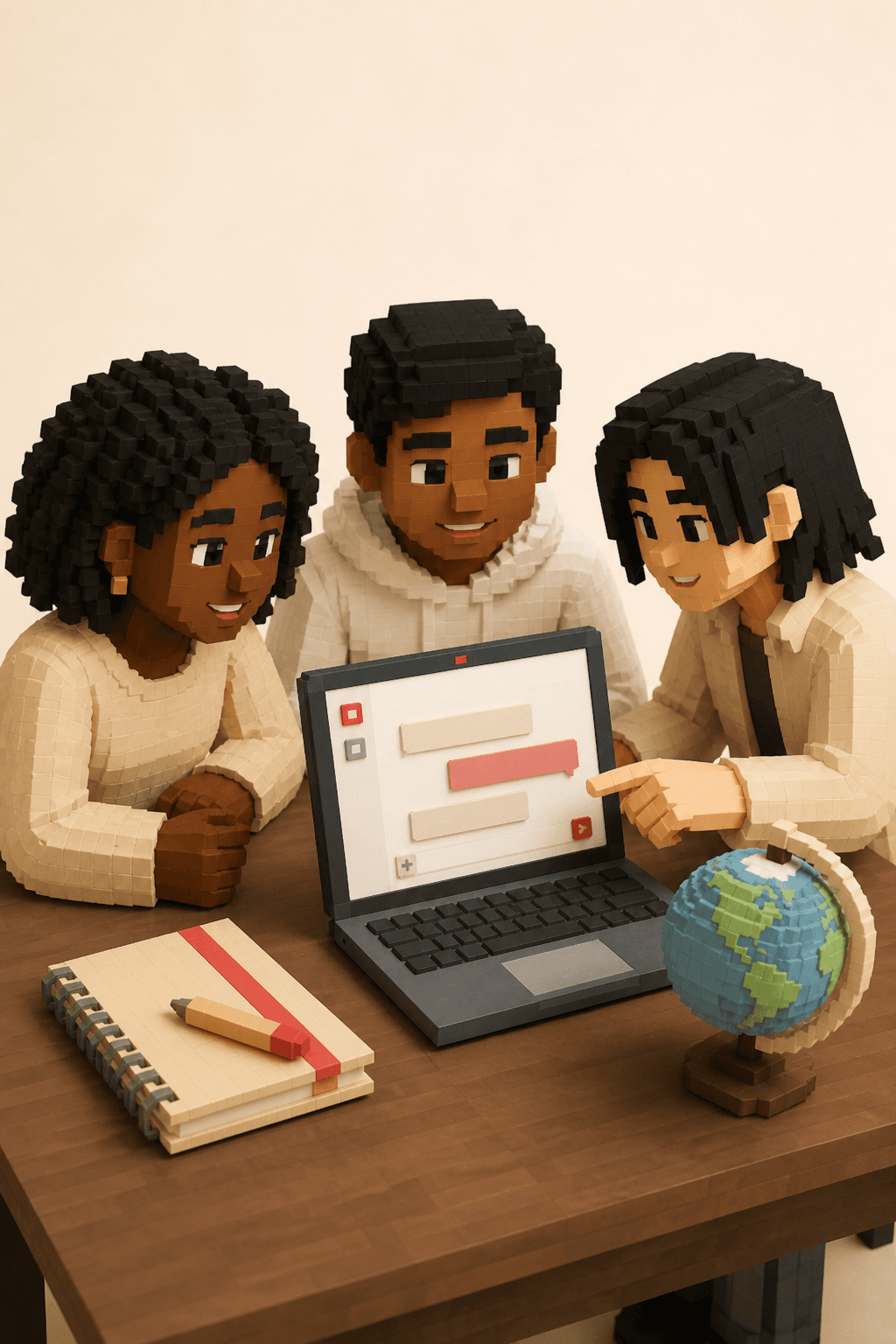 Three international students studying together around a laptop