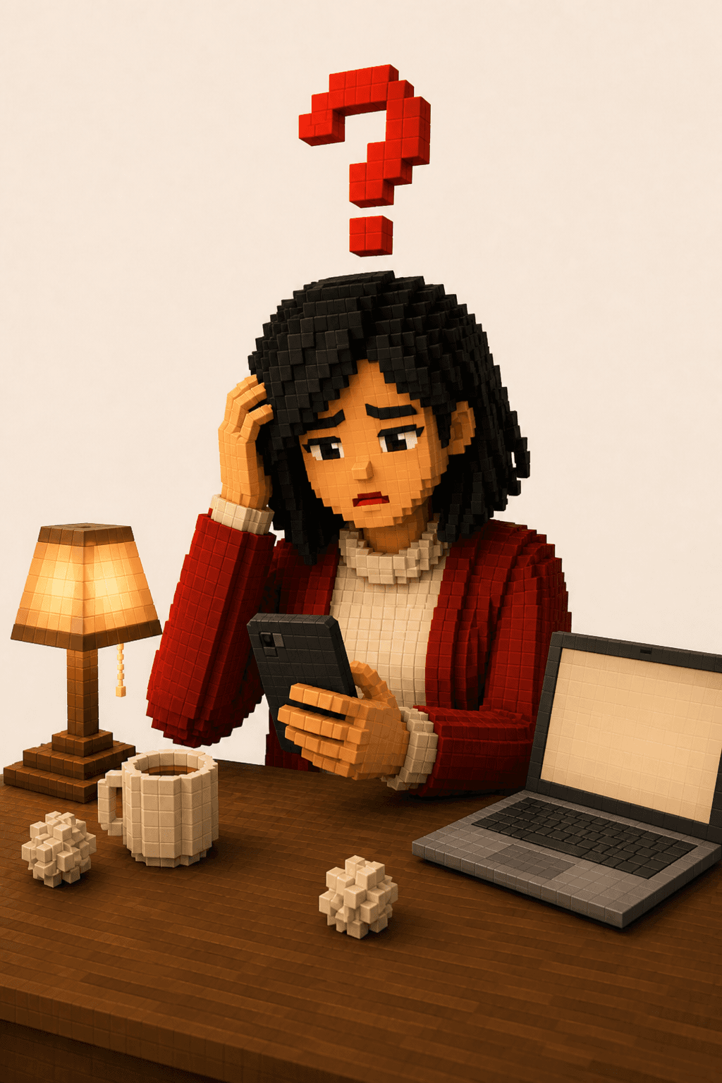 Minecraft-style scene of a young woman confused at her desk, with a question mark above her head