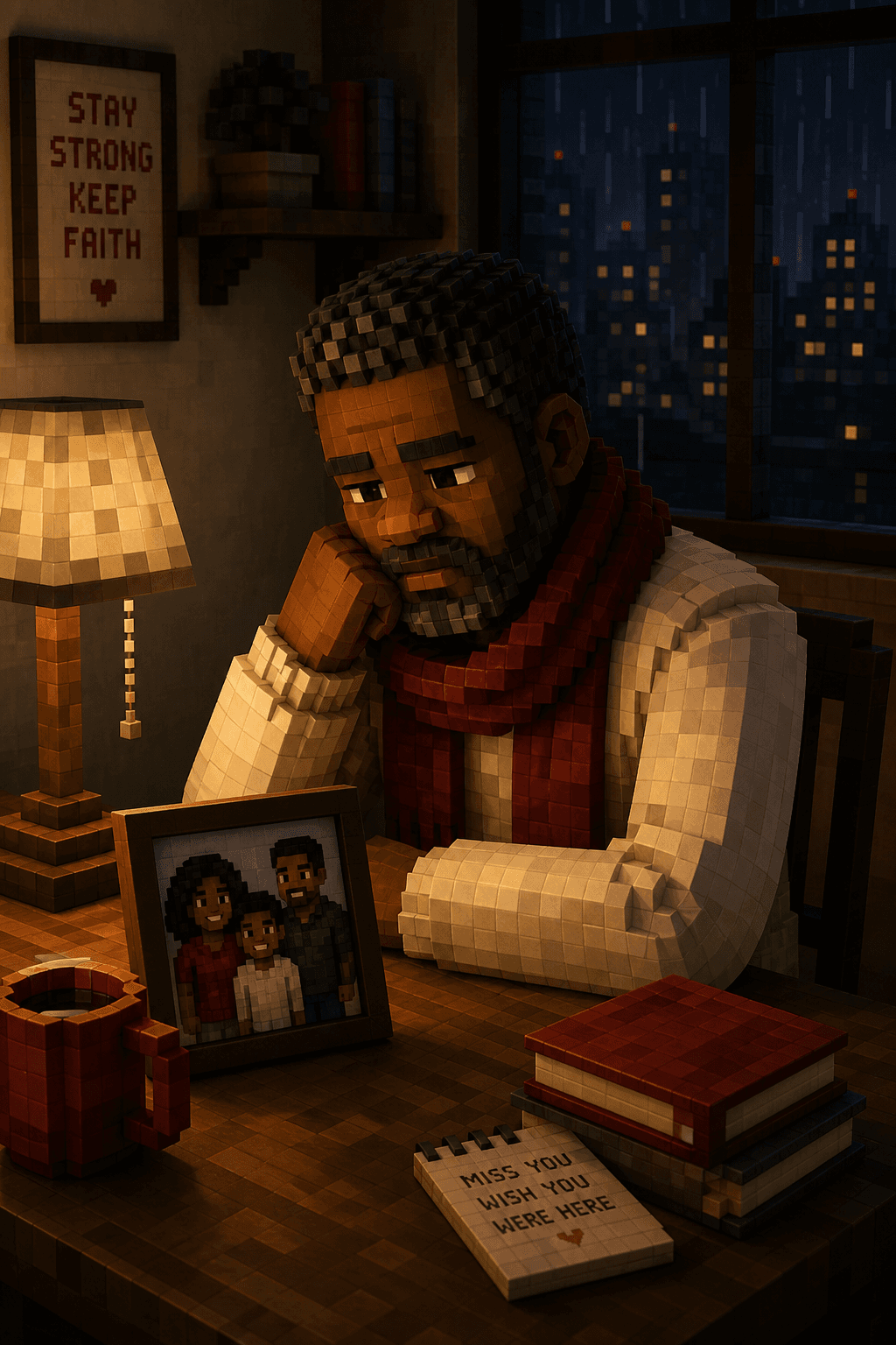 Minecraft-style scene of a mature man alone at night looking at a family photo, homesick and emotionally strained