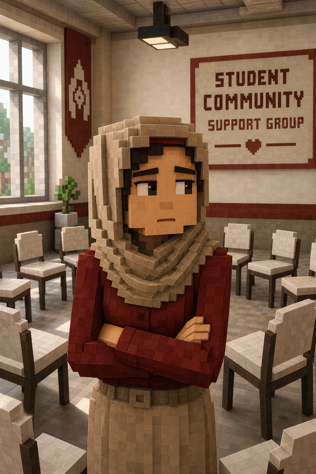Minecraft-style scene of a woman in a hijab standing alone beside an empty support-group circle of chairs